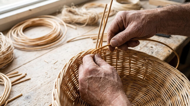 Traditional craft of wicker basket weaving with skilled hands shaping intricate design and making beautiful craft. Wicker basket weaving emphasizes artisan skills and heritage,
