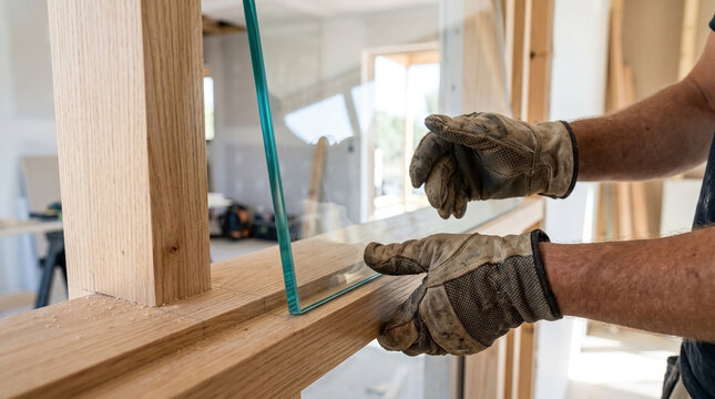 Window installation with wooden frame and glass during construction process. Skilled hands work on placing glass into wooden frame as part of home building project.