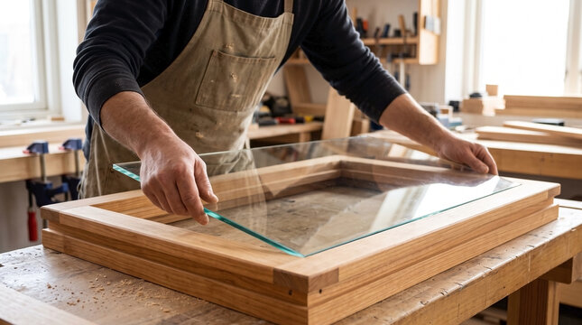 Glass installation in wooden frame by carpenter in workshop, focusing on precise placement of glass top within newly crafted wooden frame.