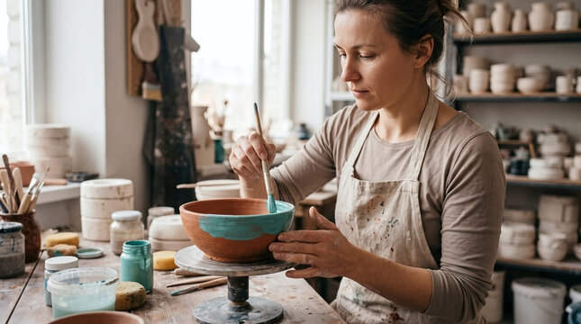 Woman applying ceramic glaze to pottery bowl in artisan studio, carefully painting unique design. Crafting ceramic pottery involves creative techniques and materials for artistic expression.