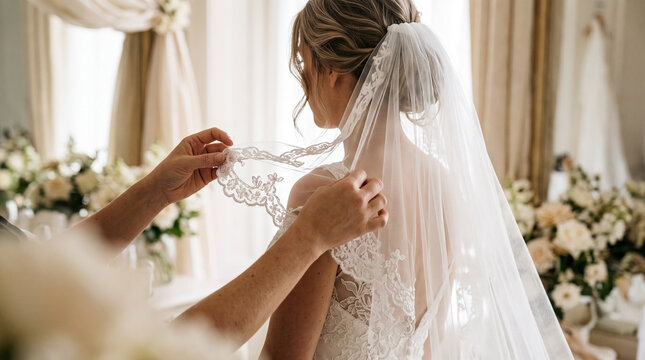 Bride arranging elegant bridal veil with intricate lace details in bright, floral decorated room. Bride gracefully preps for wedding ceremony with assistance,