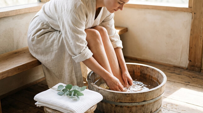 Woman bathing feet in wooden tub with towels and herbs nearby, enjoying relaxation in natural light. Feet soak in wooden tub promotes wellness and self-care.