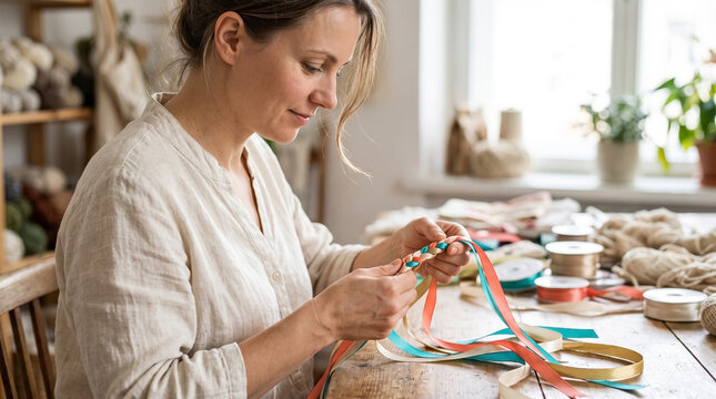 Woman braiding decorative ribbons in studio with colorful materials and crafting tools. Creative process includes vibrant ribbons and attention to detail in beautiful workspace.
