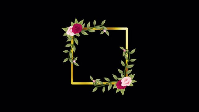 Golden frame adorned with roses and green vines. 
Pink and red blooms curve gracefully around edges. Vines curl with soft, leafy elegance against transparent background