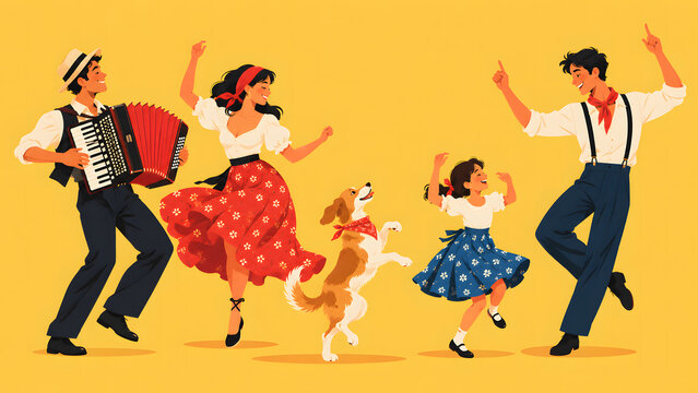 Flat Design July 20 Celebration Background with Women, Family Characters and a Dog Dancing to Accordion Music, Festive Cartoon Illustration, Happy People, Pet Companionship, Summer Party and Event Pos