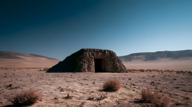 A solitary stone structure stands in a vast desert under a clear blue sky  surrounded by distant hills and sparse dry vegetation