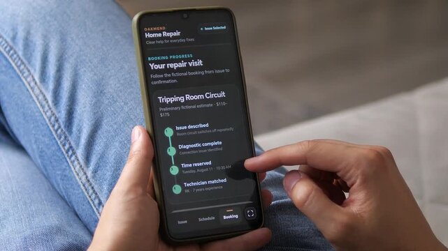Homeowner schedules an electrical repair technician through a mobile service app, highlighting the rise of on-demand home maintenance and digital booking.