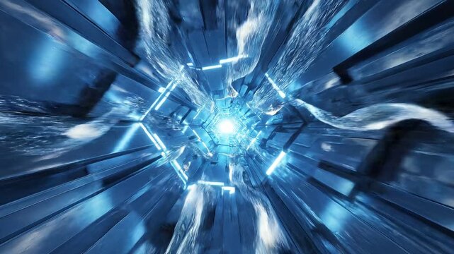 Abstract Motion Through a High-Speed Futuristic Blue Cyber Tunnel with Glowing Geometric Shapes and Ethereal Fluid Energy Waves
