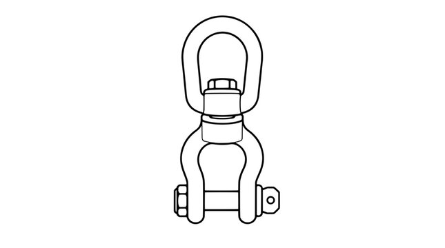 Black outline vector icon of a swivel shackle with top oval eye, hex nut collar and bottom U clevis with cross bolt drawn with bold lines in frontal view accentuating industrial lifting robustness