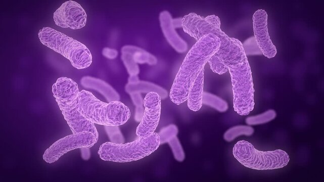 Magenta bacteria with a soft bloom glow drift over a purple background, translucent rod shaped bacilli in close up, microbiology science animation