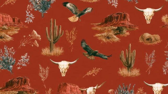Terracotta red western pattern featuring flying eagles saguaro cactus plants wild desert floral elements and bull skull illustrations in traditional southwestern American vintage art style background