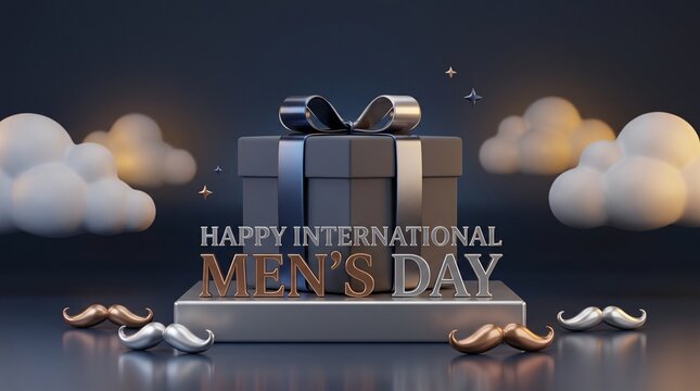 Happy international men's day gift box with mustaches and clouds