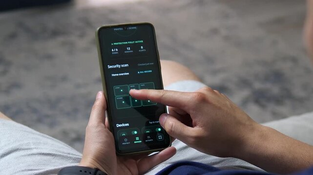 Person manages smart home security from a smartphone, checking protection zones and connected devices as remote monitoring becomes part of everyday digital living.