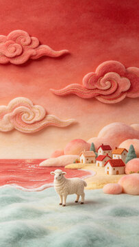 Resting zodiac sheep under cloud pine tree, light red gradient Chinese new year background illustration