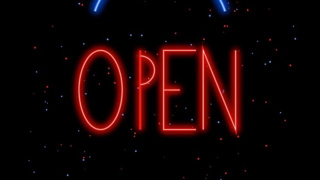 Neon open sign glowing with animated particles, retro business storefront display, vibrant red and blue light animation for retail marketing