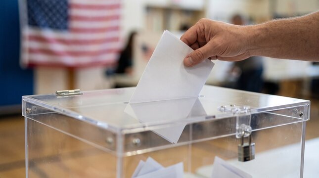 A voter casting a ballot into a clear plastic box during an election in the United States.