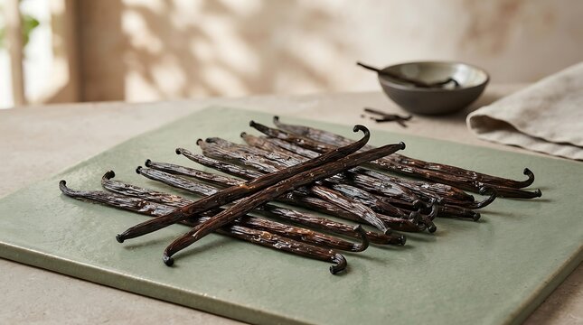 Bundle of dried vanilla beans arranged on a light green ceramic tile with soft natural lighting