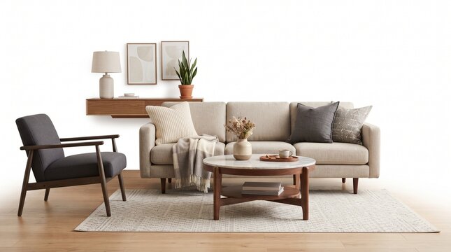 Modern minimalist living room furniture set featuring a beige sofa, dark grey armchair, and marble coffee table with home decor accessories isolated on a white background.