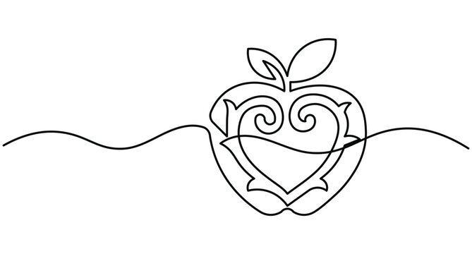 Apple ornamental line art continuous single line drawing ornate heart fruit icon with editable stroke vector illustration