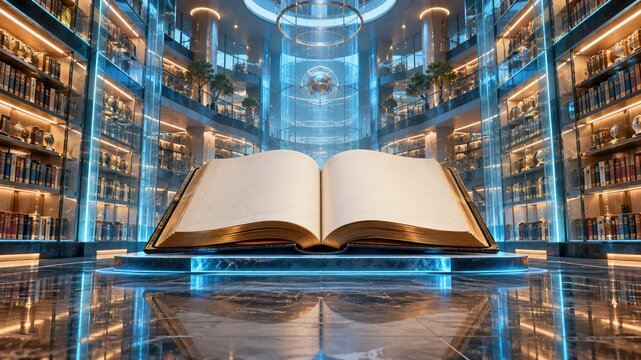 Open ancient book with blank pages on a modern podium in futuristic library with neon lights and shelves full of books.