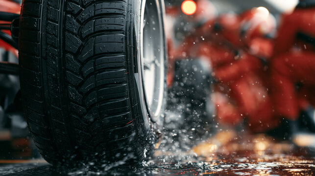 A racing car tire splashing through water puddles during a high speed race. Automotive performance concept for sports and mechanics ads.