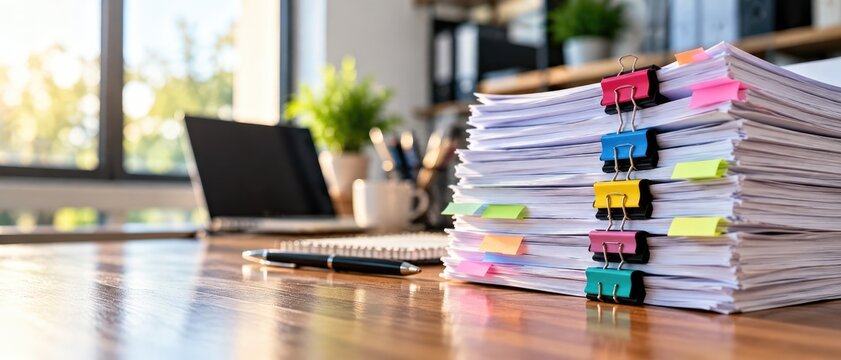 Stack of professional documents with colored paper clips on office desk beside laptop and stationery for business administration organization and management.