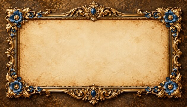 Ornate vintage picture frame with gold filigree and blue flowers on aged parchment background for invitations certificates display and elegant stationery.