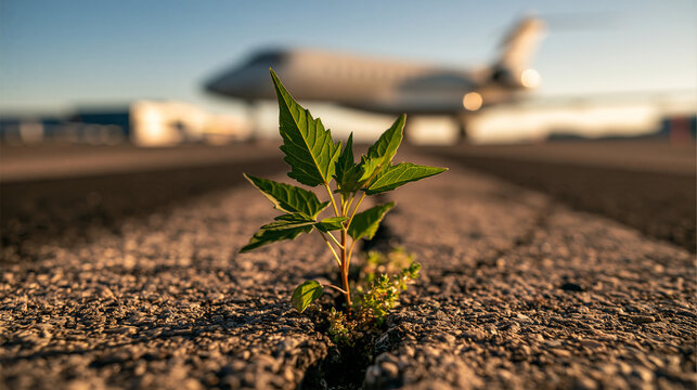A small green plant grows through a crack in an airport runway with a private jet in the blurred background. Conceptual image of environmental resilience.