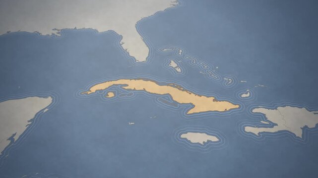 Vintage style map animation highlighting Cuba and the Caribbean islands for travel and geography.