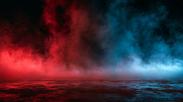 Red and blue smoke swirls over a dark, textured asphalt surface. Moody abstract background concept for creative designs or gaming graphics.