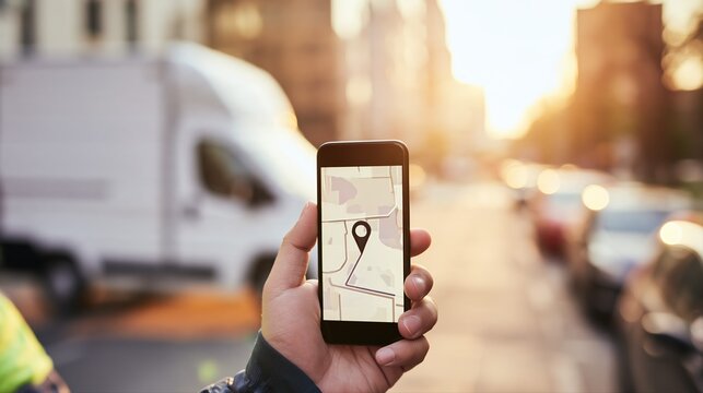 A courier holds a smartphone showing a delivery route at golden hour on a city street. Modern logistics, live tracking, and reliability are highlighted in this urban scene.