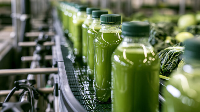 Green juice bottles moving along a production line in a modern beverage factory. Great for healthy nutrition and manufacturing themes.