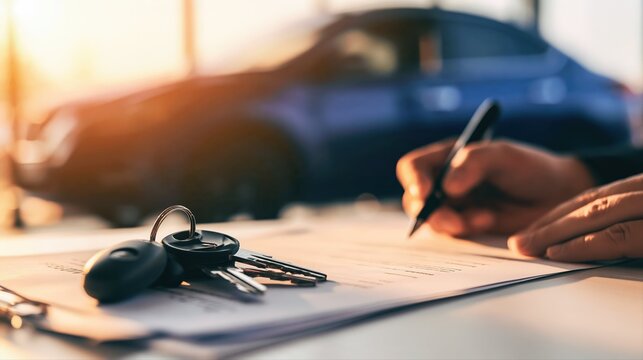 Close-up of a man signing paperwork to buy a car at a dealership. Car keys and a dark blue sedan create a trustworthy automotive transaction scene.