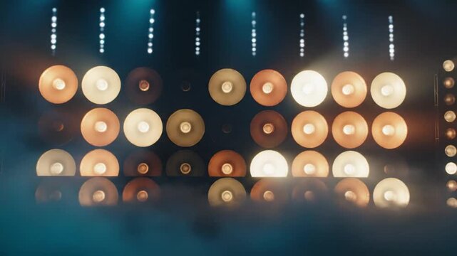 Concert stage wall covered with glowing vintage incandescent spotlight fixtures illuminating dark atmosphere