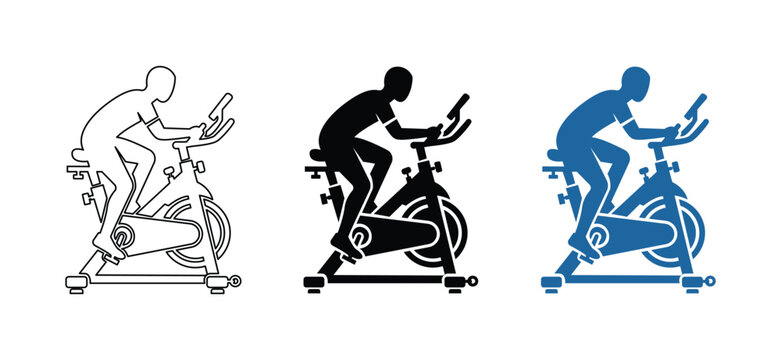 Stationary exercise bike and indoor cycling icons vector set featuring cyclist training on exercise bicycle symbols