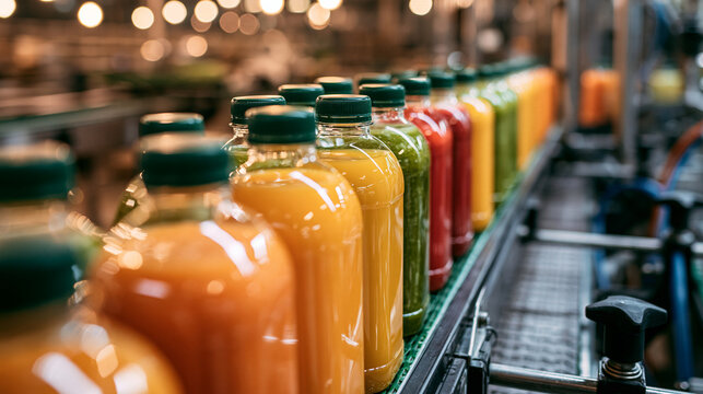 Bottles of colorful fresh juice moving along a conveyor belt in a modern factory. Food and beverage production concept for industrial processing ads.