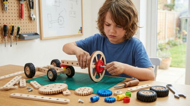 Focused young boy intently assembling a wooden construction toy car with gears and wheels at a bright table, showcasing creativity and learning.