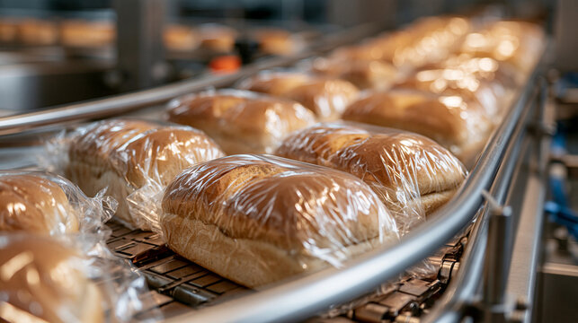 Freshly baked bread loaves moving along an industrial conveyor belt in a factory. Automated bakery production line for commercial food manufacturing.