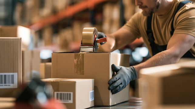 Warehouse worker packing cardboard boxes with tape dispenser. Logistics and shipping concept for fulfillment operations.