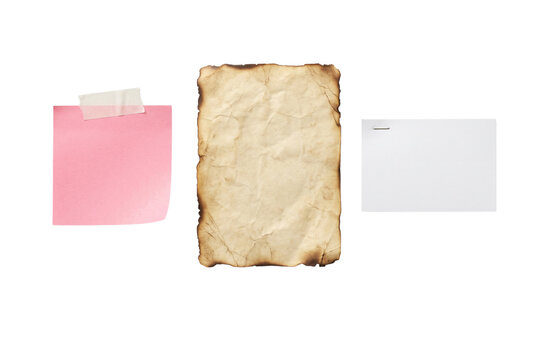 Set of isolated paper notes with pink sticky note burnt parchment and white card with staple