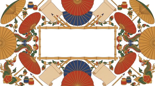 Thai Traditional Umbrella and Naga Bamboo Frame Border Vector Template