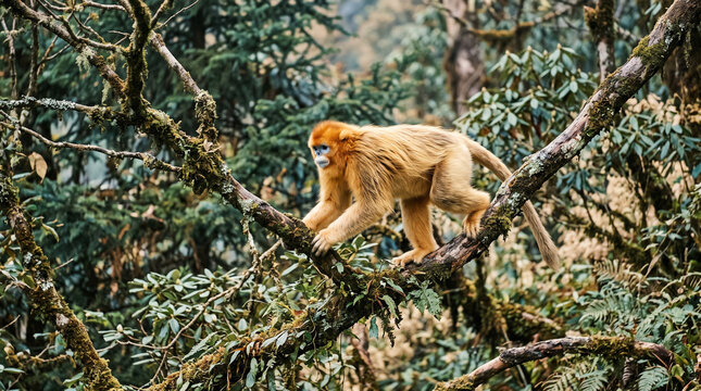 exotic wildlife photography featuring primate in misty mountain woods