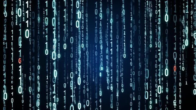 Digital Rain Abstract Background with Falling Binary Code Streaks during a Cosmic Night