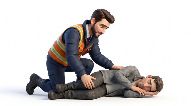 3D Paramedic Mascot Placing Victim in Recovery Position PLS