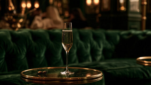 A crystal champagne glass filled with sparkling wine on a glowing bar table in a luxury lounge. Elegant celebration concept for festive events.