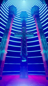 Metallic Cross with blue neon rings in vertical view
