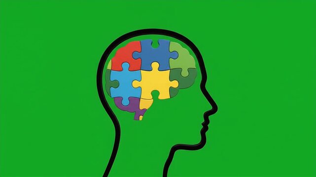 3D cel shaded human mind silhouette with puzzle piece locking green screen 