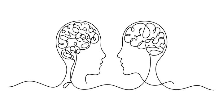 Continuous one line drawing of two human heads facing each other with brain shapes inside isolated on a white background isolated on transparent background