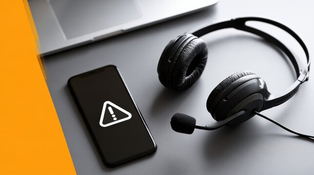 A smartphone is beside a disconnected computer headset on a desk, showcasing technical support issues against a gray and orange backdrop.
