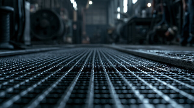 Industrial factory floor with metallic grating and machinery in background. Heavy manufacturing facility interior for industrial production concepts.